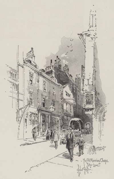 De Oude Moravische Kapel in Fetter Lane door Herbert Railton